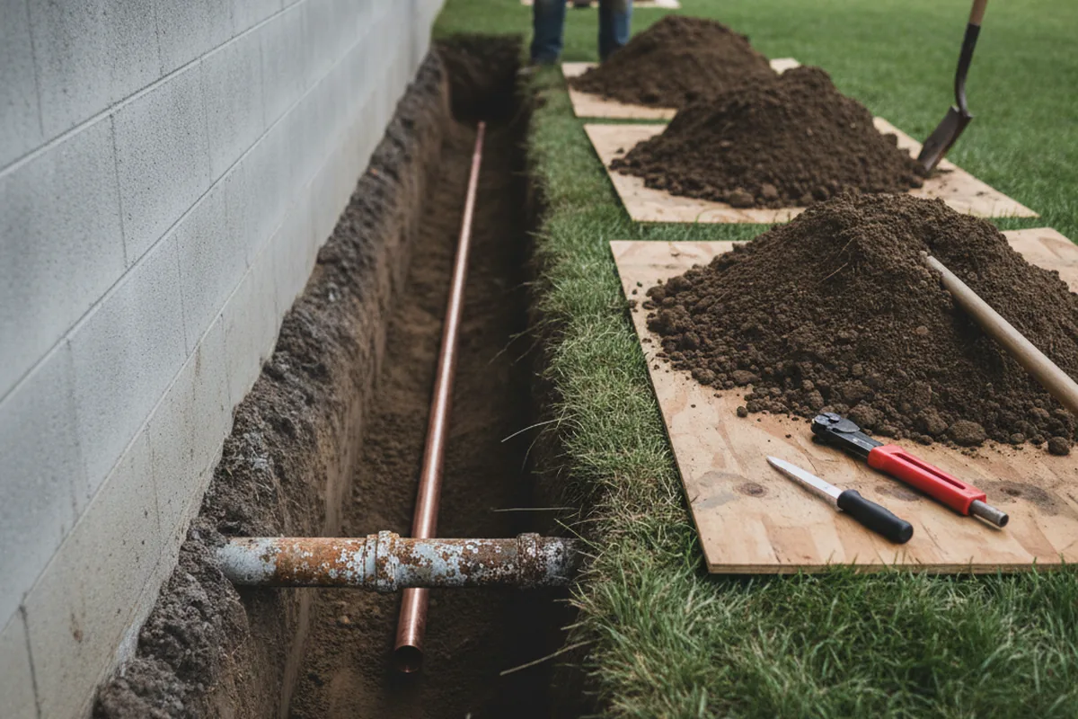 Excavated water line trench during Water Heater Repair in Whately